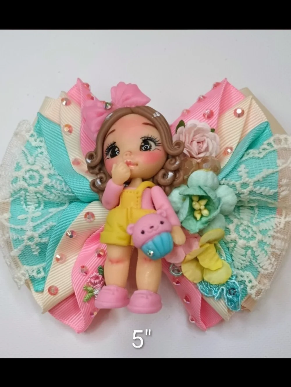 Handmade Pastel Pink & Aqua Doll Bow Hair Clip for Women and Girls